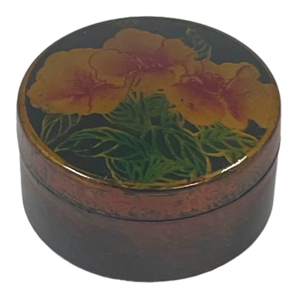 Hand-Painted Floral Black Lacquer Ring Jewelry Trinket Box Vintage Round Flowers